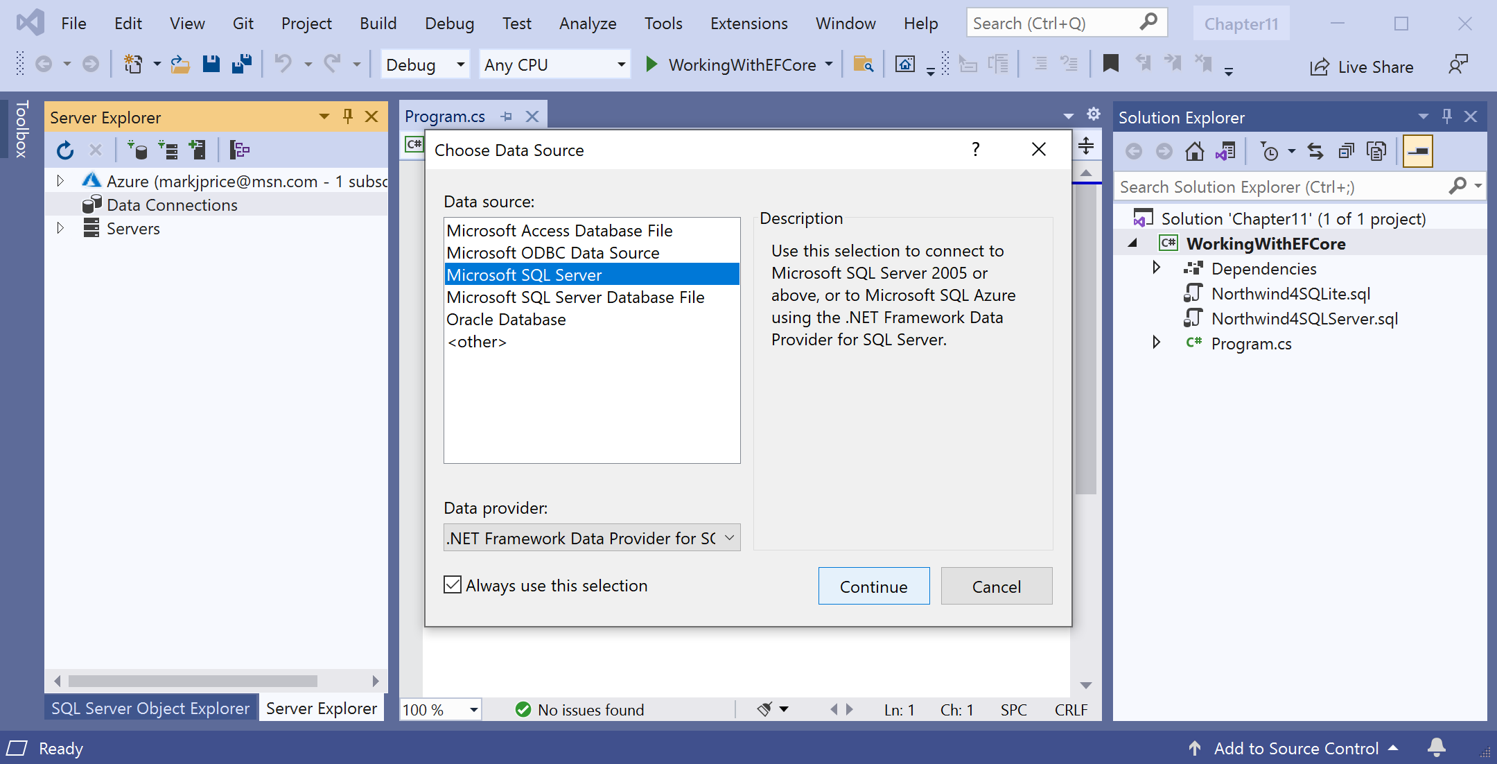 Choosing SQL Server as the data source