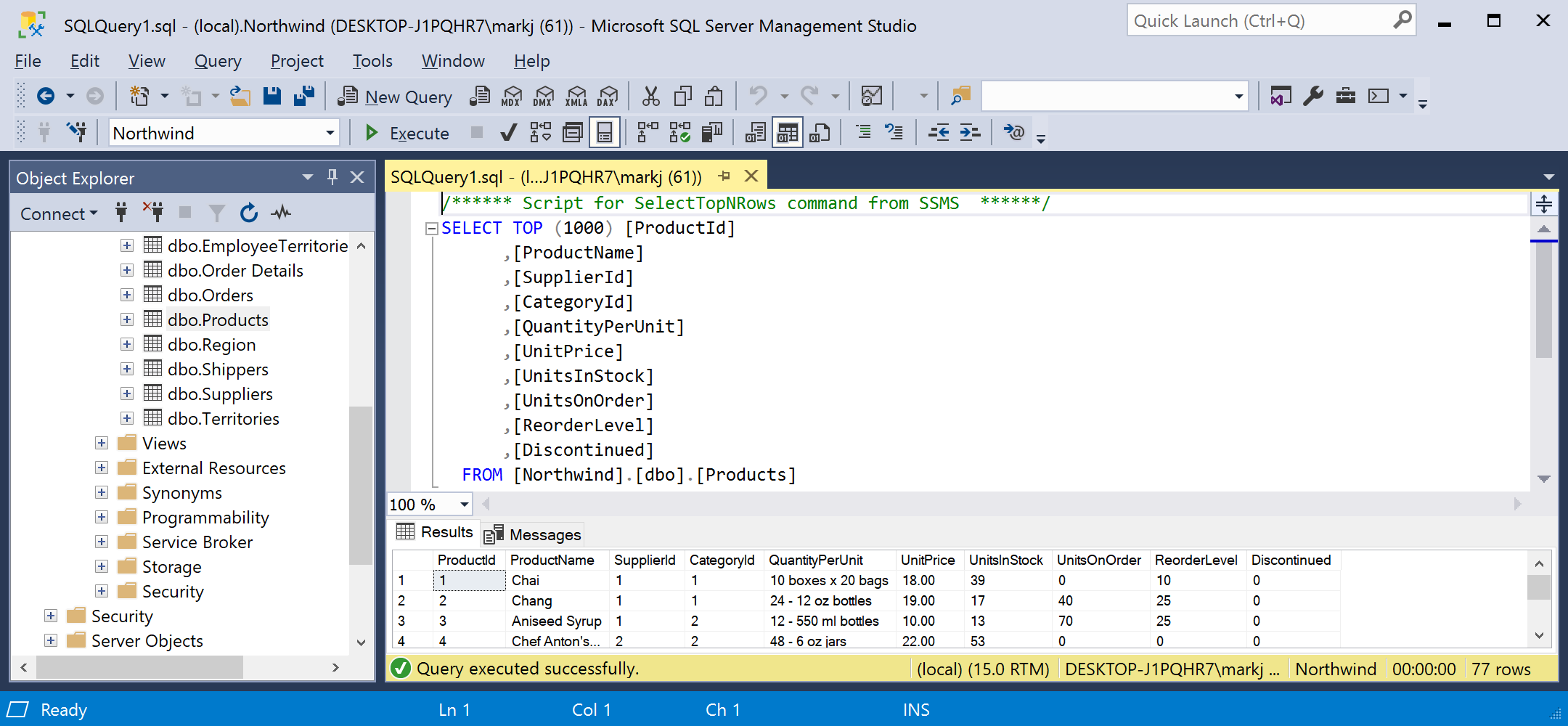 The Products table in SQL Server Management Studio