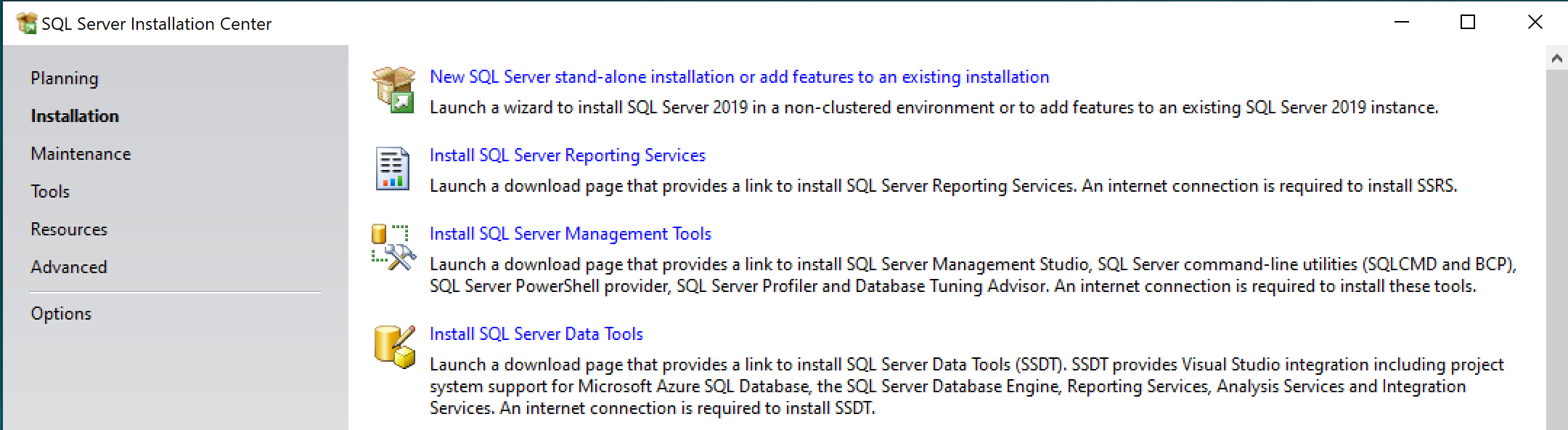 Installation using SQL Server Installation Center